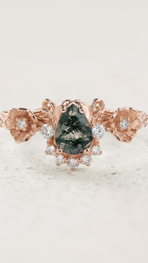 Pear cut moss agate engagement ring with half-halo of diamonds / Adelina - Eden Garden Jewelry™