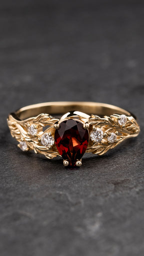 Unique engagement ring with garnet and accent diamonds / Japanese Maple - Eden Garden Jewelry™