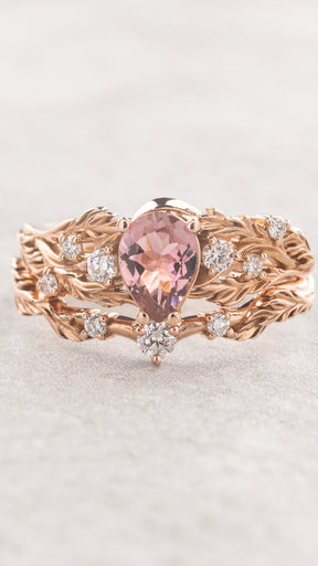 Unique bridal set with natural pink tourmaline and accent diamonds / Japanese Maple - Eden Garden Jewelry™
