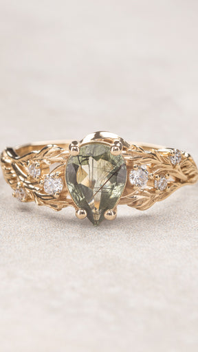 READY TO SHIP: Japanese Maple leaves ring with rutile peridot and diamonds, 14K yellow gold, RING SIZES: 5.5 - 8.5 US - Eden Garden Jewelry™