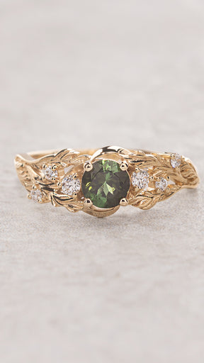 READY TO SHIP: Japanese Maple leaves ring with green tourmaline and diamonds, 14K yellow gold, RING SIZES: 5.5 - 8.5 US - Eden Garden Jewelry™