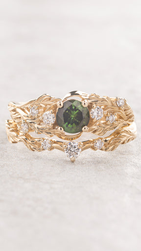 READY TO SHIP: Japanese Maple leaves ring with green tourmaline and diamonds, 14K yellow gold, RING SIZES: 5.5 - 8.5 US - Eden Garden Jewelry™