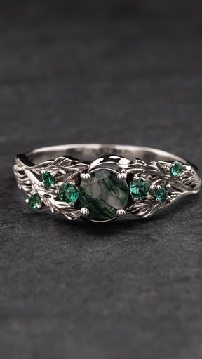 READY TO SHIP: Japanese Maple ring with moss agate and vivid emeralds ring, 14K white gold, RING SIZES: 5.5 - 8.5 US - Eden Garden Jewelry™