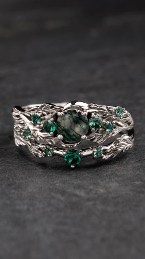 Forest inspired moss agate and emeralds bridal ring set / Japanese Maple - Eden Garden Jewelry™