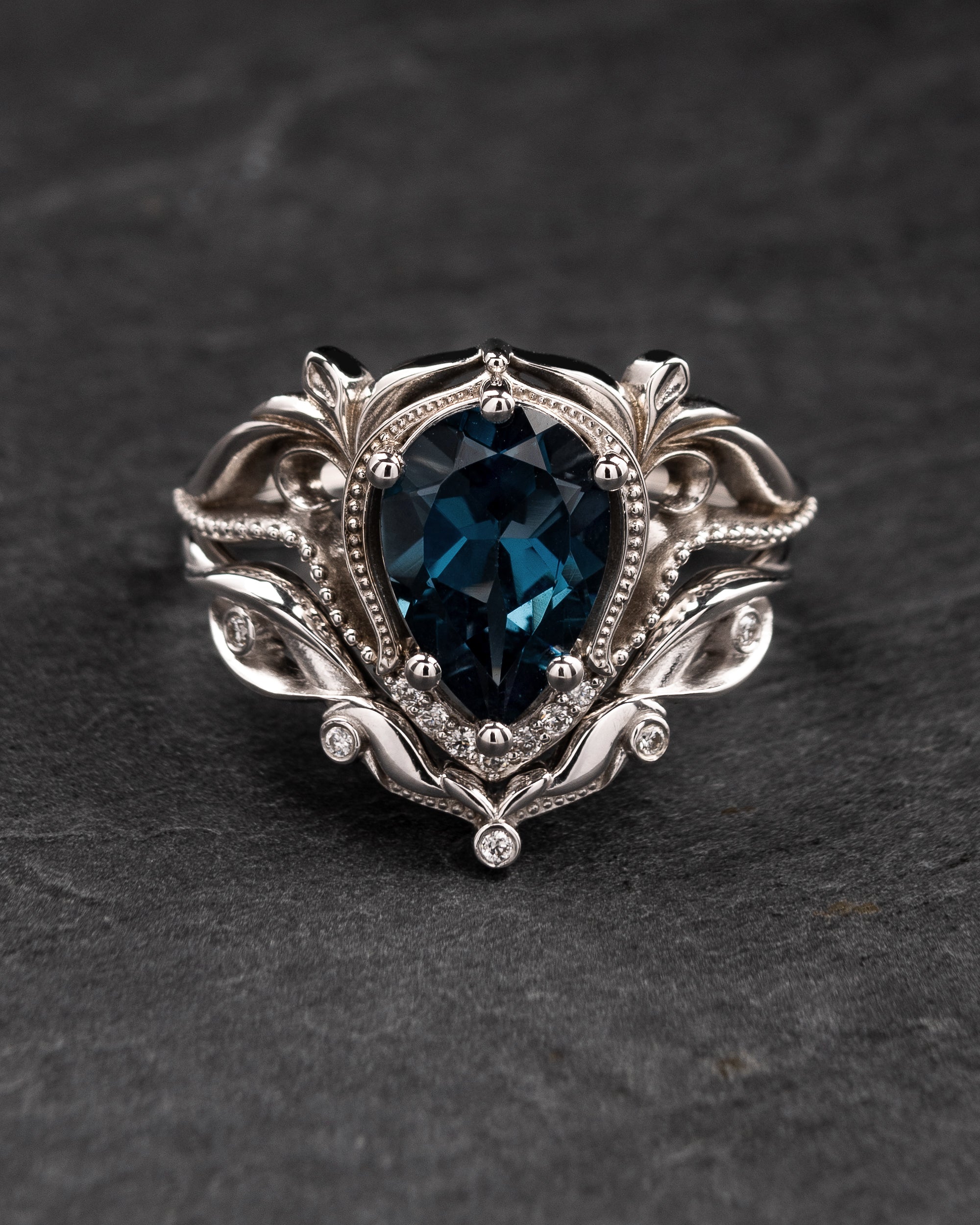 Dark Blue Topaz Engagement Ring Set| London Blue Topaz Bridal Ring
