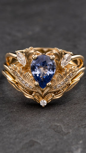 Natural blue sapphire engagement ring set, gorgeous bridal ring set / Adonis - Eden Garden Jewelry™