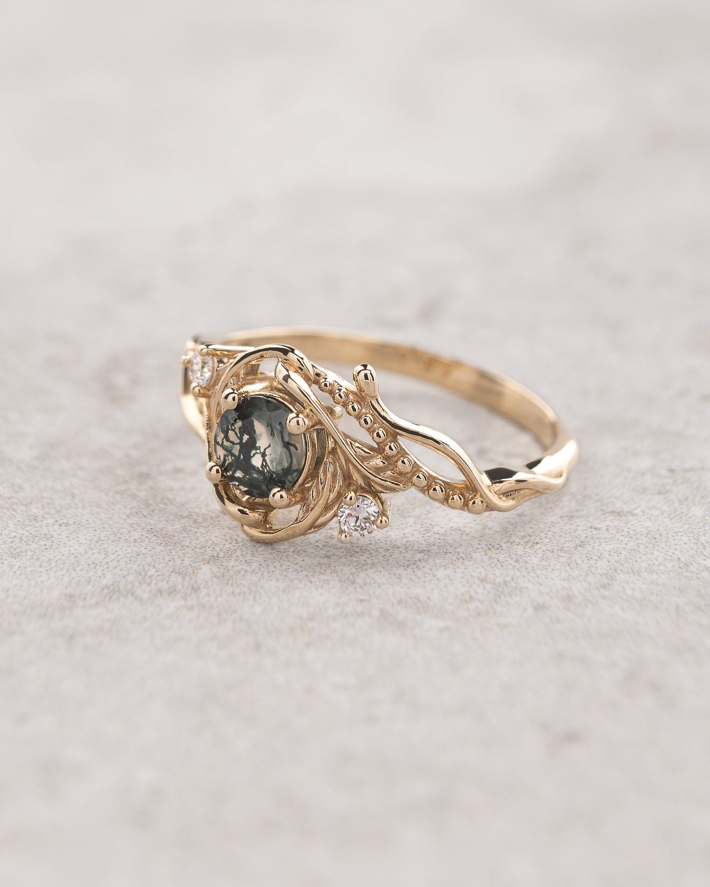 READY TO SHIP: Undina ring with moss agate and diamonds, 14K yellow gold, RING SIZES: 5.5 - 8.5 US - Eden Garden Jewelry™