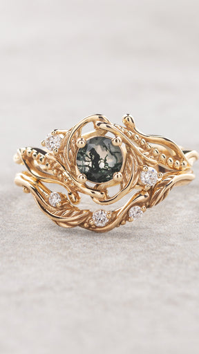 Unique moss agate engagement ring with a stacking wedding band / Undina - Eden Garden Jewelry™