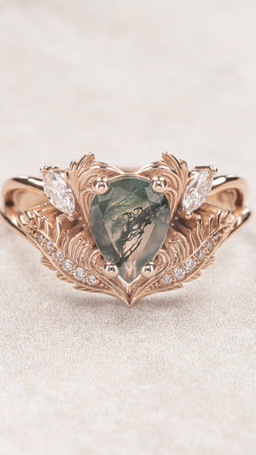 READY TO SHIP: Adonis ring with pear cut moss agate and lab grown diamonds, 14K rose gold, RING SIZES: 5.5 - 8.5 US - Eden Garden Jewelry™