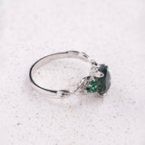 READY TO SHIP: Gloria ring in 14K white gold, 10x7mm natural moss agate & accent lab emeralds, AVAILABLE RING SIZES: 5.5 - 8.5 US