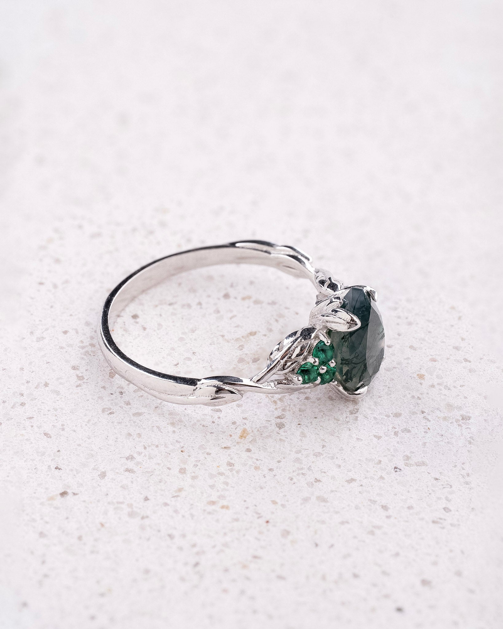 READY TO SHIP Gloria ring in 14K white gold, 10x7mm natural moss agate & accent lab emeralds, AVAILABLE RING SIZES: 5.5 - 8.5 US - Eden Garden Jewelry™