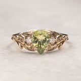 Peridot engagement ring, nature inspired gold ring with side diamonds / Wisteria