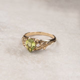 Peridot engagement ring, nature inspired gold ring with side diamonds / Wisteria