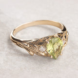 Peridot engagement ring, nature inspired gold ring with side diamonds / Wisteria