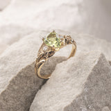 Peridot engagement ring, nature inspired gold ring with side diamonds / Wisteria