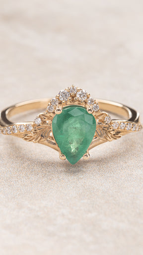 Natural big emerald and diamonds engagement ring, gold leaf ring / Amelia - Eden Garden Jewelry™