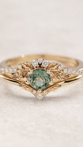 Delicate bridal ring set with mint green tourmaline / Amelia - Eden Garden Jewelry™