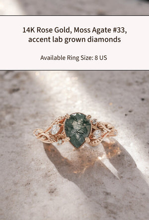 READY TO SHIP: Patricia ring in 14K or 18K rose gold, natural moss agate pear cut 8x6 mm, accent lab grown diamonds, AVAILABLE RING SIZES: 5.5 - 9 US