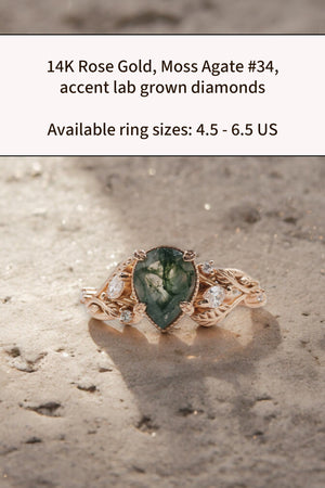 READY TO SHIP: Patricia ring in 14K or 18K rose gold, natural moss agate pear cut 8x6 mm, accent lab grown diamonds, AVAILABLE RING SIZES: 4.5-10 US