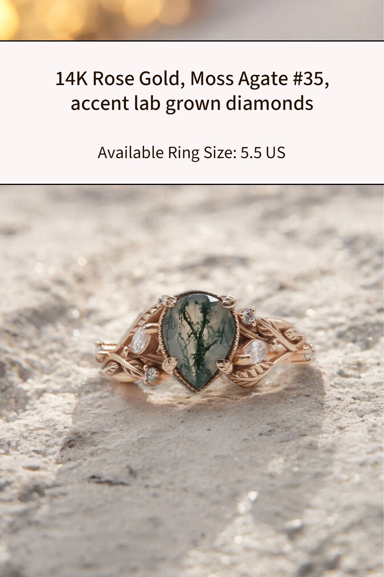 READY TO SHIP: Patricia ring in 14K or 18K rose gold, natural moss agate pear cut 8x6 mm, accent lab grown diamonds, AVAILABLE RING SIZES: 5.5 - 9 US