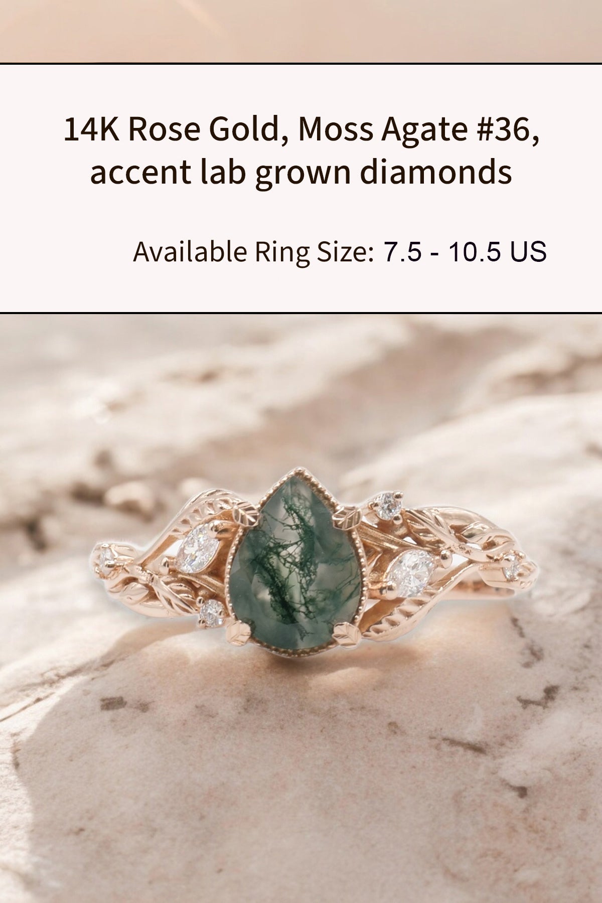 READY TO SHIP: Patricia ring in 14K or 18K rose gold, natural moss agate pear cut 8x6 mm, accent lab grown diamonds, AVAILABLE RING SIZES: 4 - 10.5 US