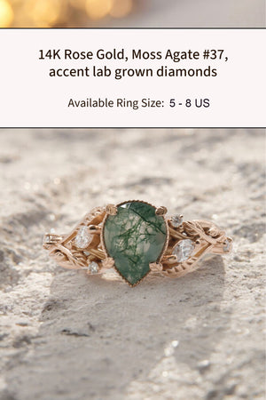 READY TO SHIP: Patricia ring in 14K or 18K rose gold, natural moss agate pear cut 8x6 mm, accent lab grown diamonds, AVAILABLE RING SIZES: 4 - 10.5 US