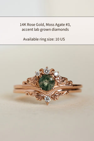 READY TO SHIP: Ariadne bridal ring set in 14K rose gold, round moss agate, accents lab grown diamonds, AVAILABLE RING SIZE: 10 US