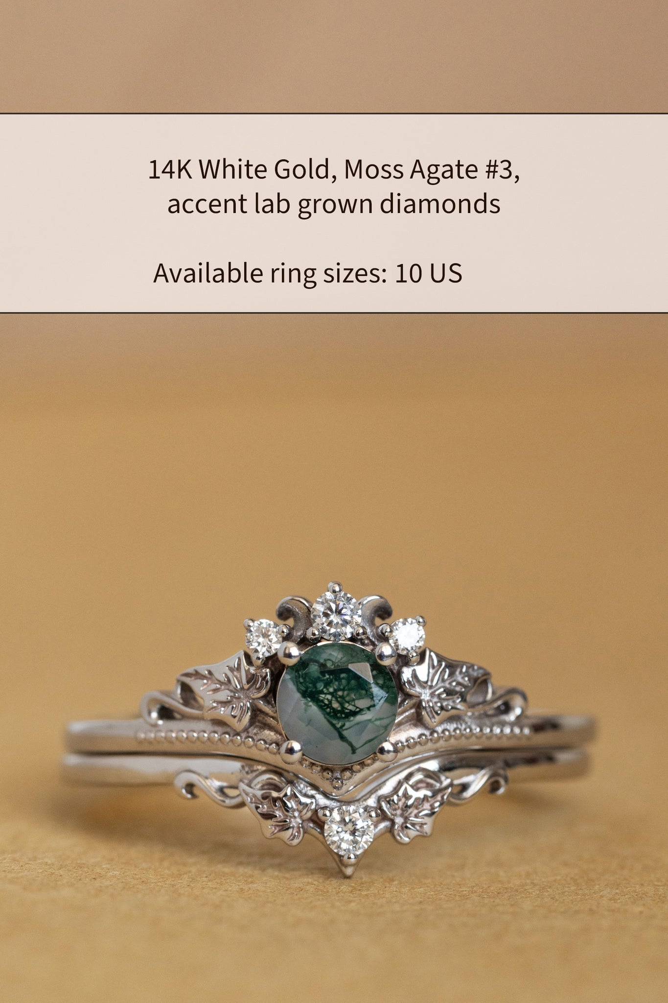 READY TO SHIP: Ariadne bridal ring set in 14K white gold, natural moss agate 5 mm, accent lab grown diamonds, AVAILABLE RING SIZES: 7 US, 10 US