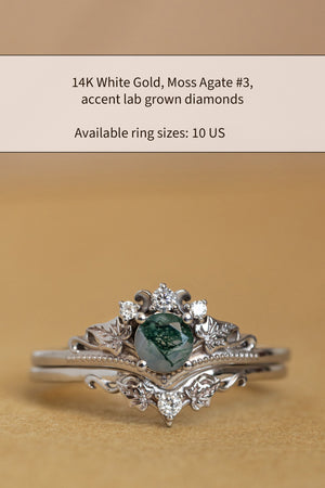 READY TO SHIP: Ariadne bridal ring set in 14K white gold, natural moss agate 5 mm, accent lab grown diamonds, AVAILABLE RING SIZES: 7 US, 10 US