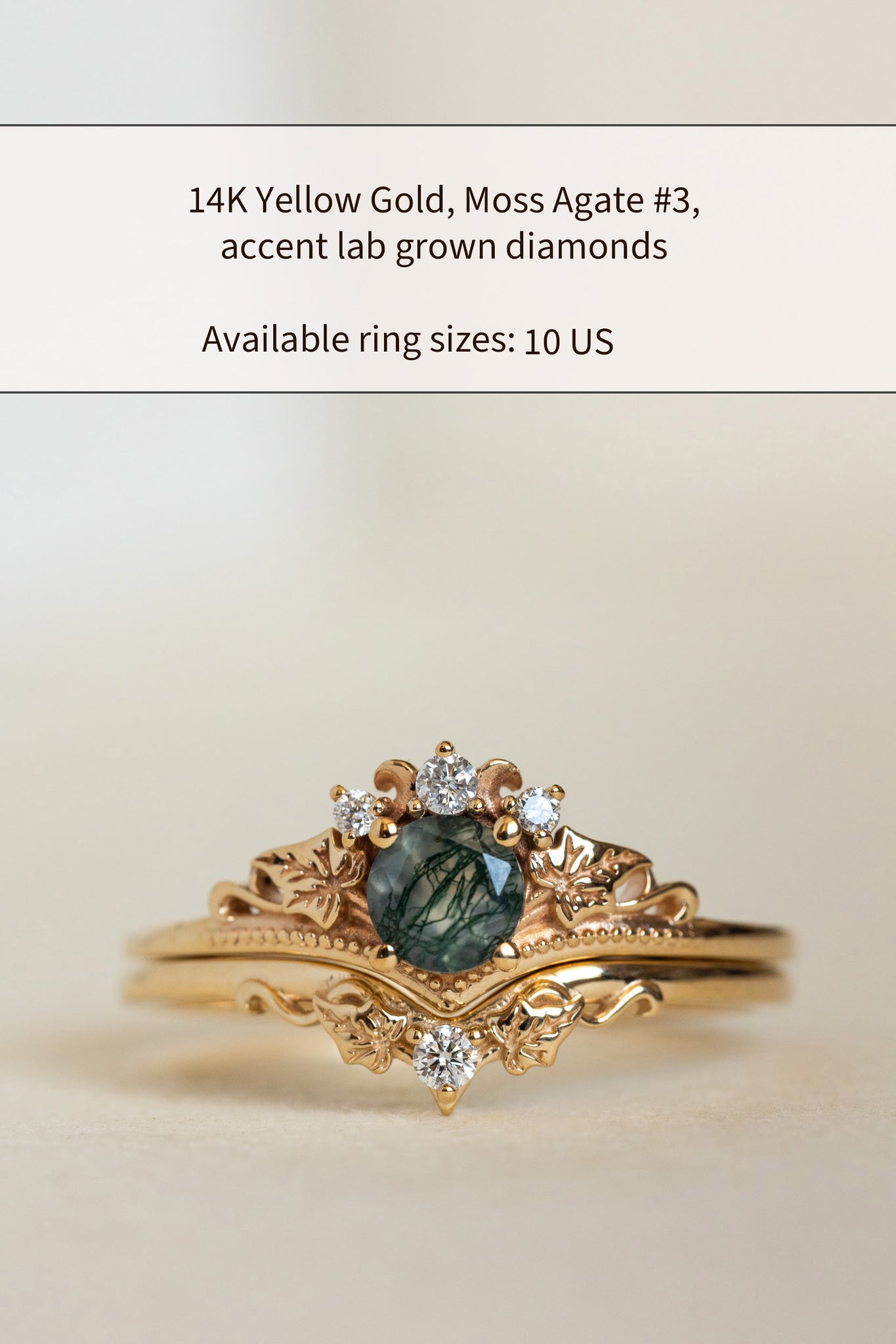 READY TO SHIP: Ariadne bridal ring set in 14K or 18K yellow gold, round moss agate, accents lab grown diamonds, AVAILABLE RING SIZES: 6 US, 7 US, 10 US