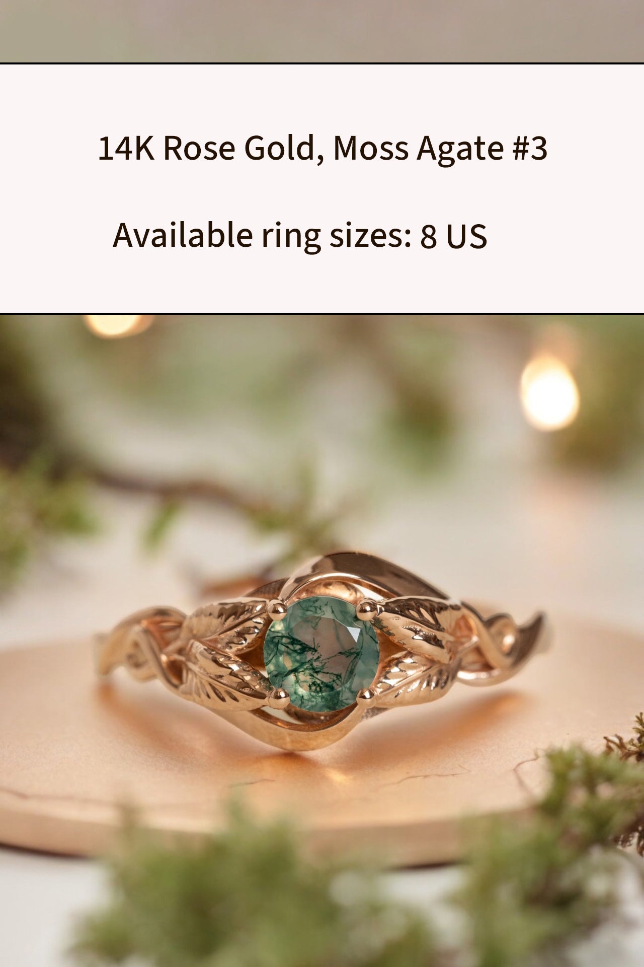 READY TO SHIP: Azalea ring in 14K rose gold, natural moss agate round cut 5 mm, AVAILABLE RING SIZES: 4.75US, 5US, 8US