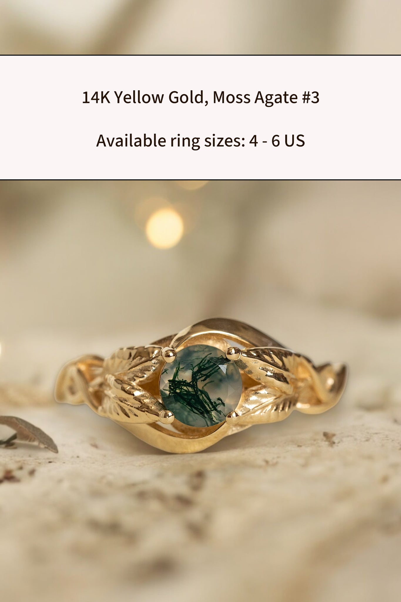 READY TO SHIP: Azalea ring in 14K yellow gold, natural moss agate round cut 5 mm, AVAILABLE RING SIZES: 4-9 US