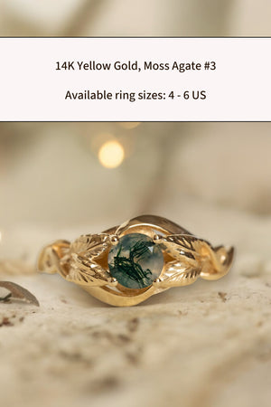 READY TO SHIP: Azalea ring in 14K yellow gold, natural moss agate round cut 5 mm, AVAILABLE RING SIZES: 4-9 US