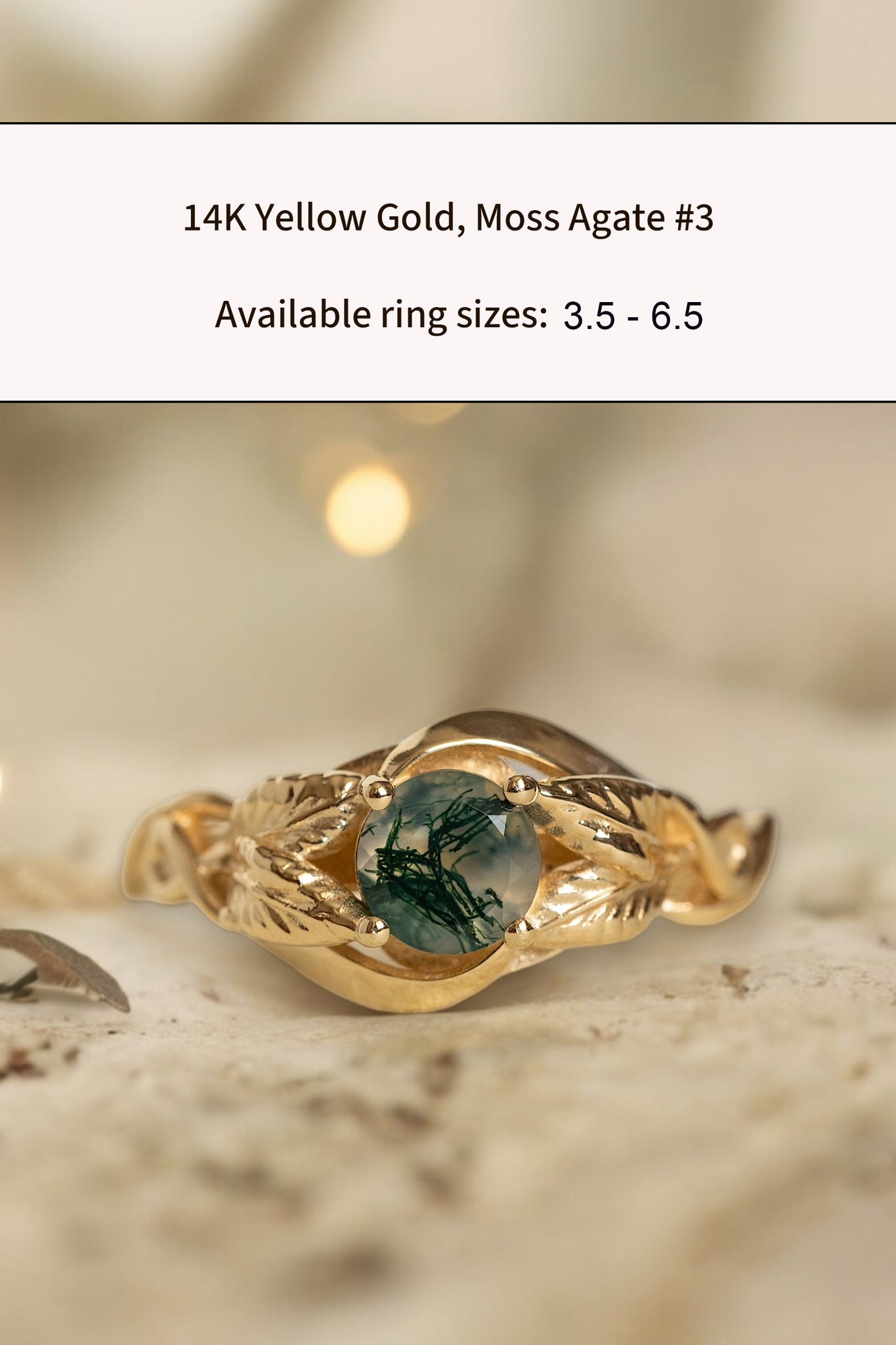 READY TO SHIP: Azalea ring in 14K yellow gold, natural moss agate round cut 5 mm, AVAILABLE RING SIZES: 3.5 - 9.5 US