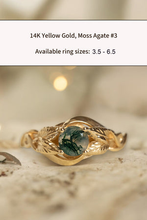 READY TO SHIP: Azalea ring in 14K yellow gold, natural moss agate round cut 5 mm, AVAILABLE RING SIZES: 3.5 - 9.5 US