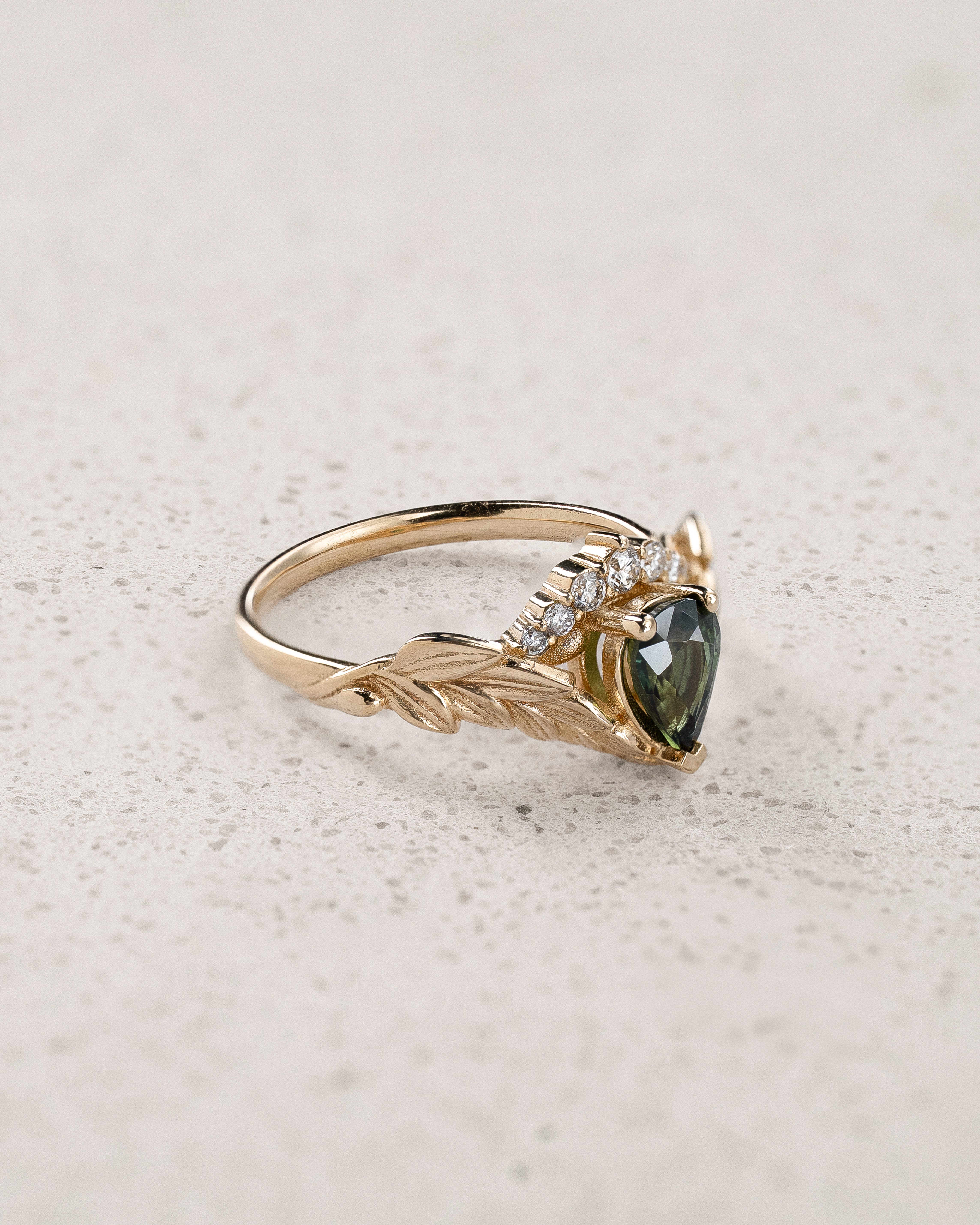 [published as a set] READY TO SHIP: Palmira Crown engagement ring with green sapphire and diamonds, 14K yellow gold, AVAILABLE RING SIZES: 5.5 - 8.5 US - Eden Garden Jewelry™