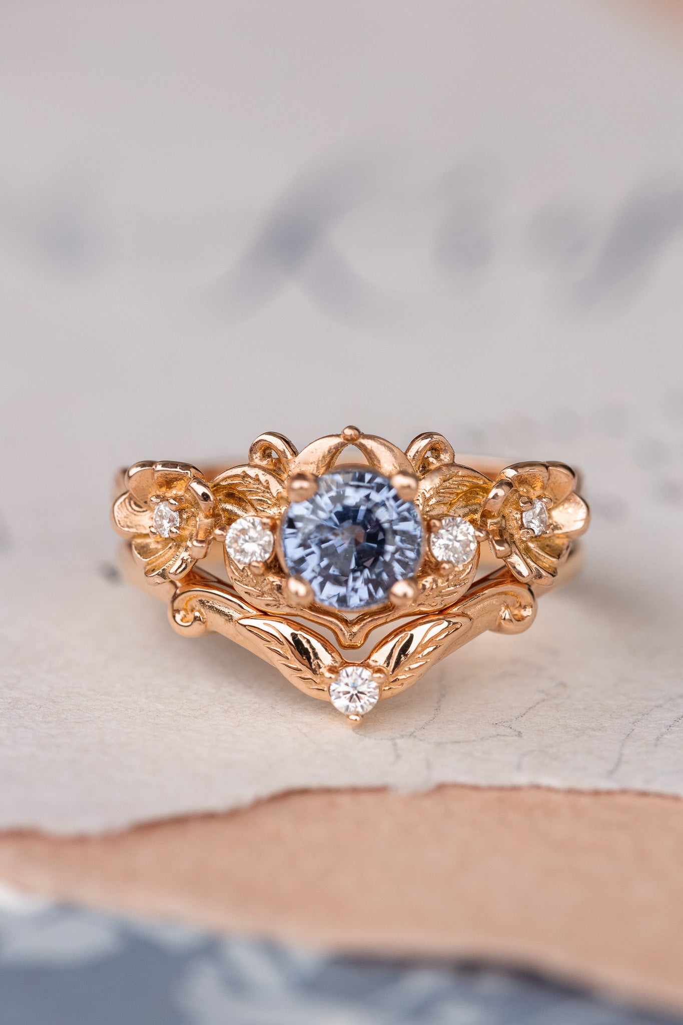 Natural sapphire and diamonds engagement ring, gold flower proposal ring / Adelina - Eden Garden Jewelry™