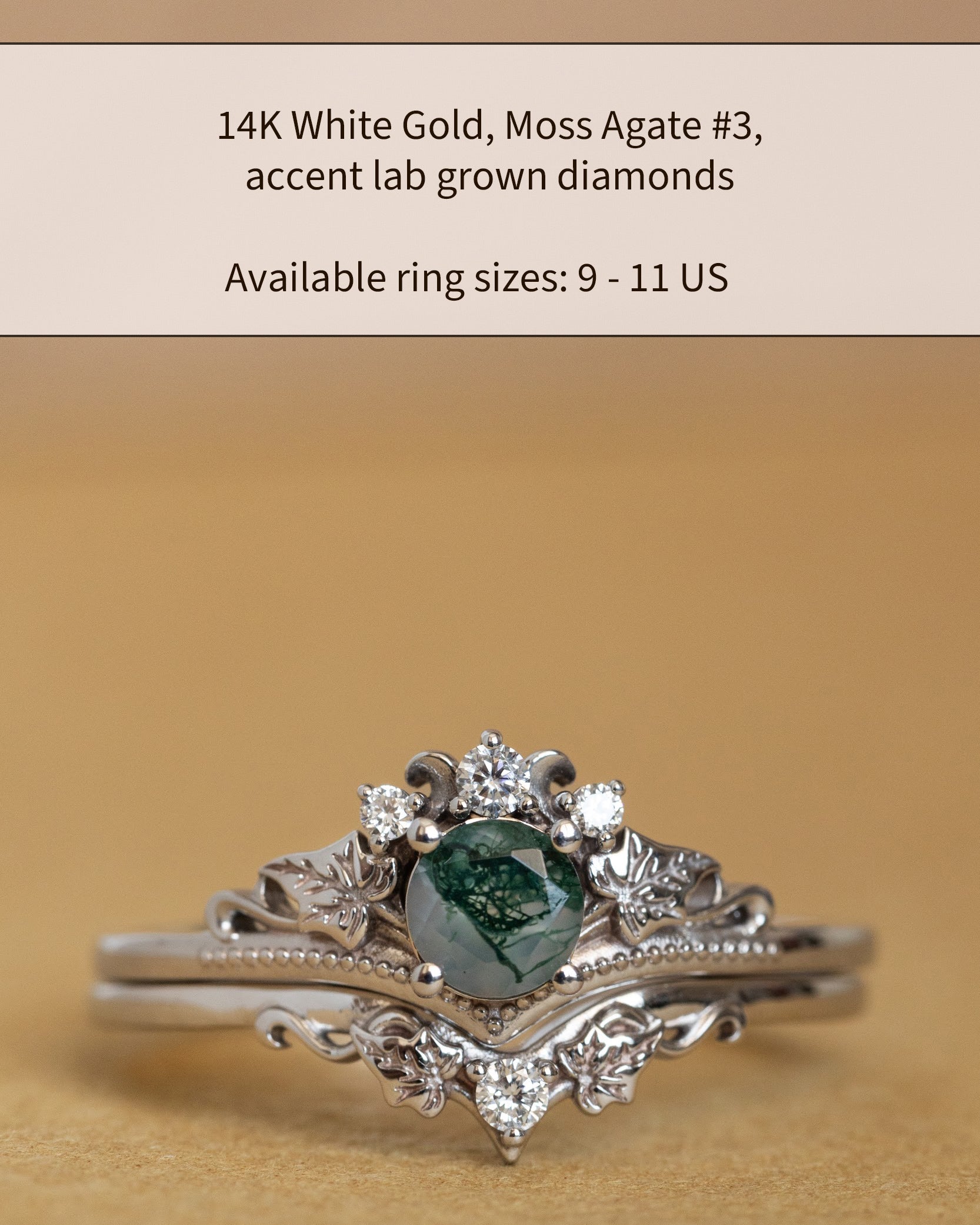 READY TO SHIP: Ariadne bridal ring set in 14K white gold, natural moss agate 5 mm, accent lab grown diamonds, AVAILABLE RING SIZES: 5.5 - 11 US - Eden Garden Jewelry™