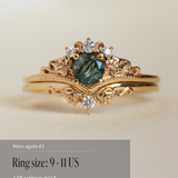 READY TO SHIP: Ariadne bridal ring set in 14K yellow gold, round moss agate, accents lab grown diamonds, AVAILABLE RING SIZES: 5.5 - 11 US