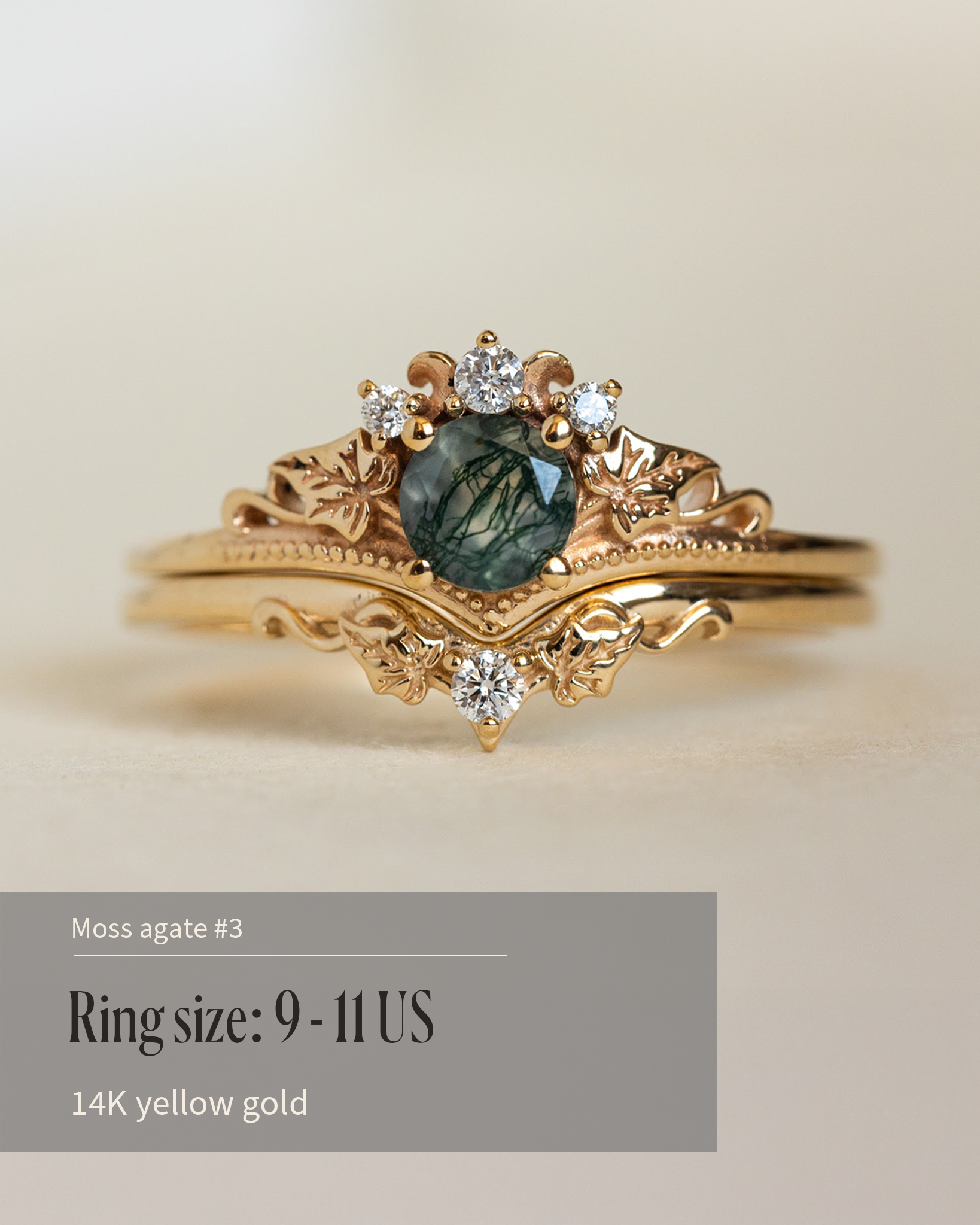 READY TO SHIP Ariadne bridal ring set in 14K yellow gold, round moss agate, accents lab grown diamonds, AVAILABLE RING SIZES: 5.5 - 11 US - Eden Garden Jewelry™
