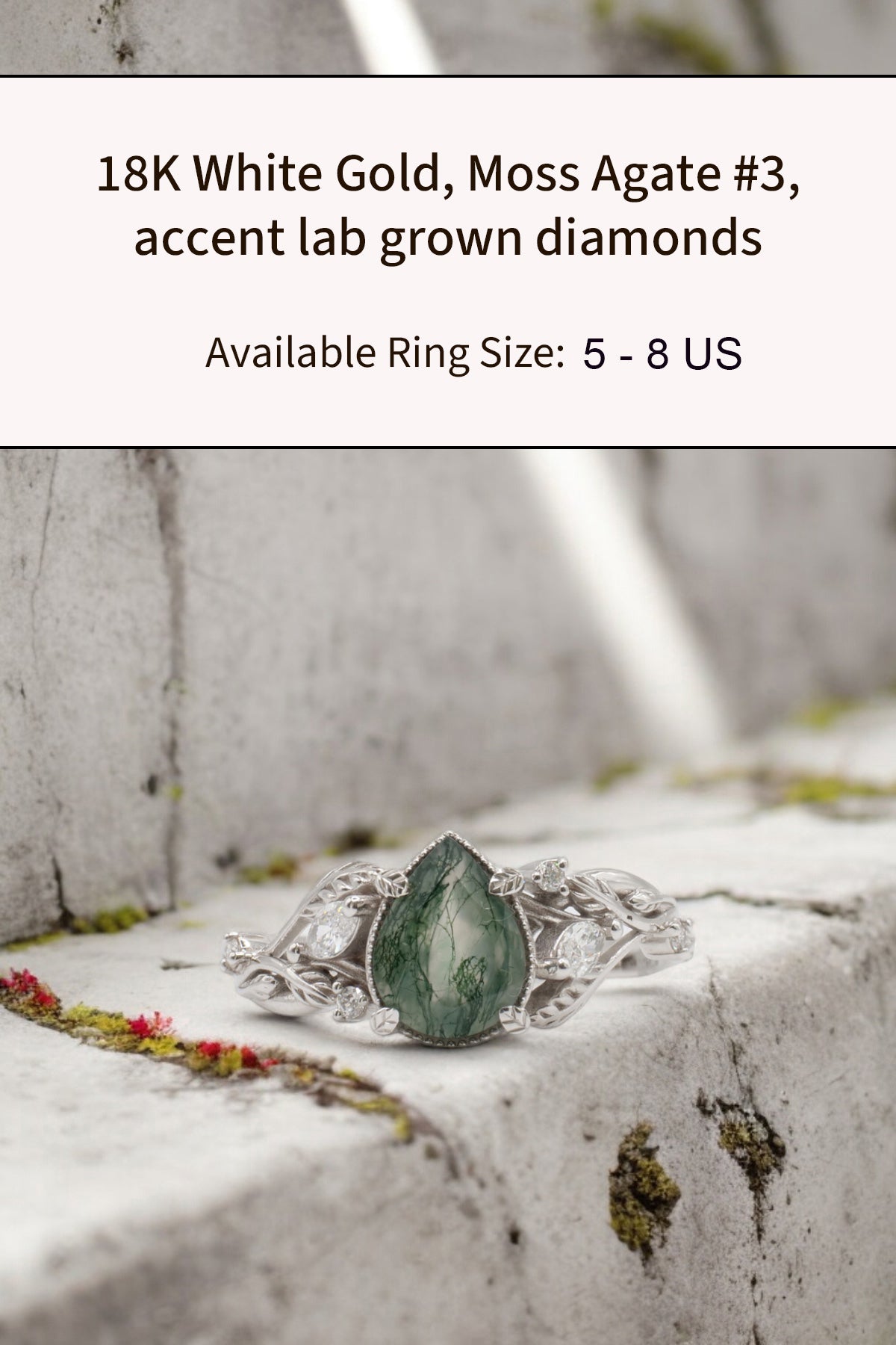 READY TO SHIP: Patricia ring in 18K white gold, natural moss agate pear cut 8x6 mm, accent lab grown diamonds, AVAILABLE RING SIZES: 5 - 10.5 US