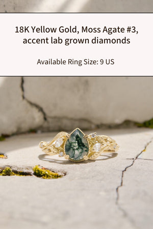 READY TO SHIP: Patricia ring in 14K or 18K yellow gold, natural moss agate pear cut 8x6 mm, accent lab grown diamonds, AVAILABLE RING SIZES: 6.5US, 9US