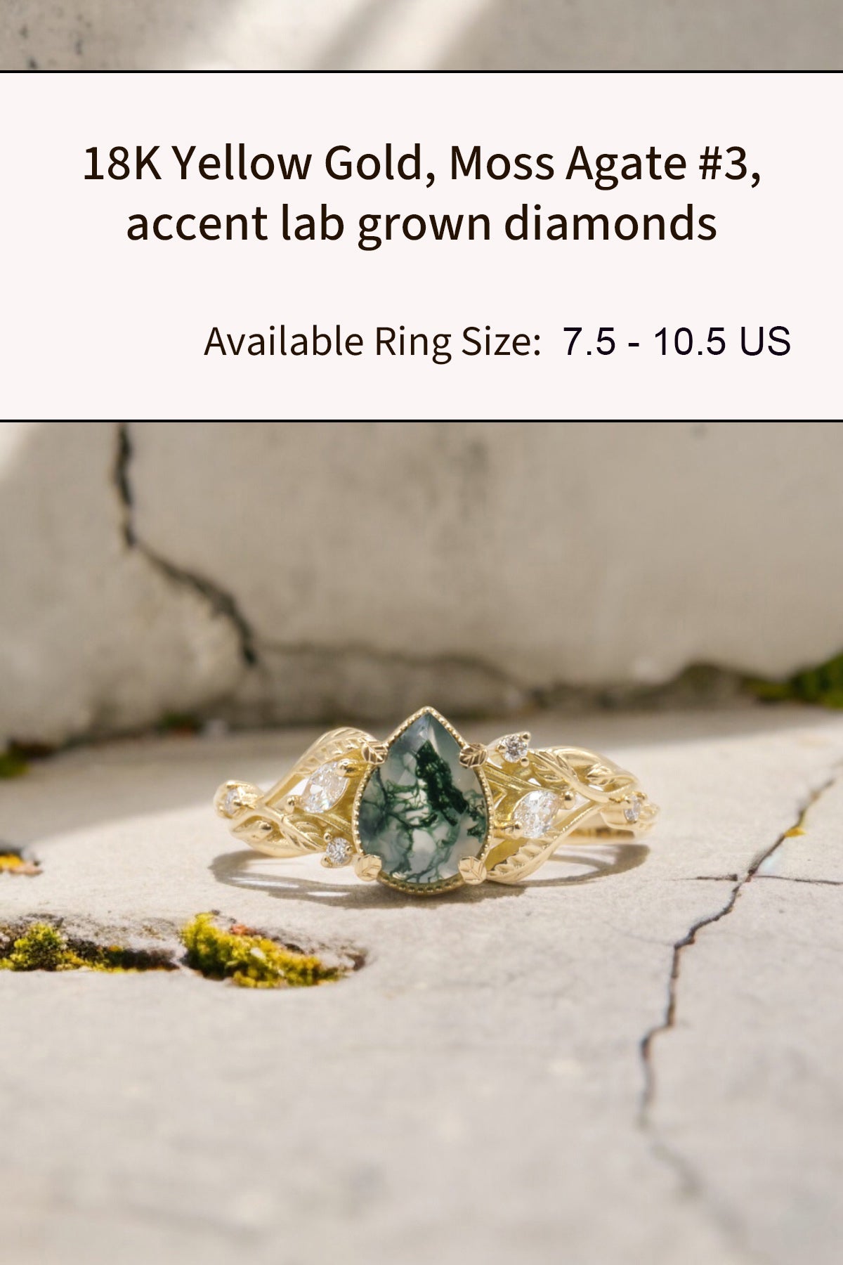 READY TO SHIP: Patricia ring in 14K or 18K yellow gold, natural moss agate pear cut 8x6 mm, accent lab grown diamonds, AVAILABLE RING SIZES: 5 - 10.5 US