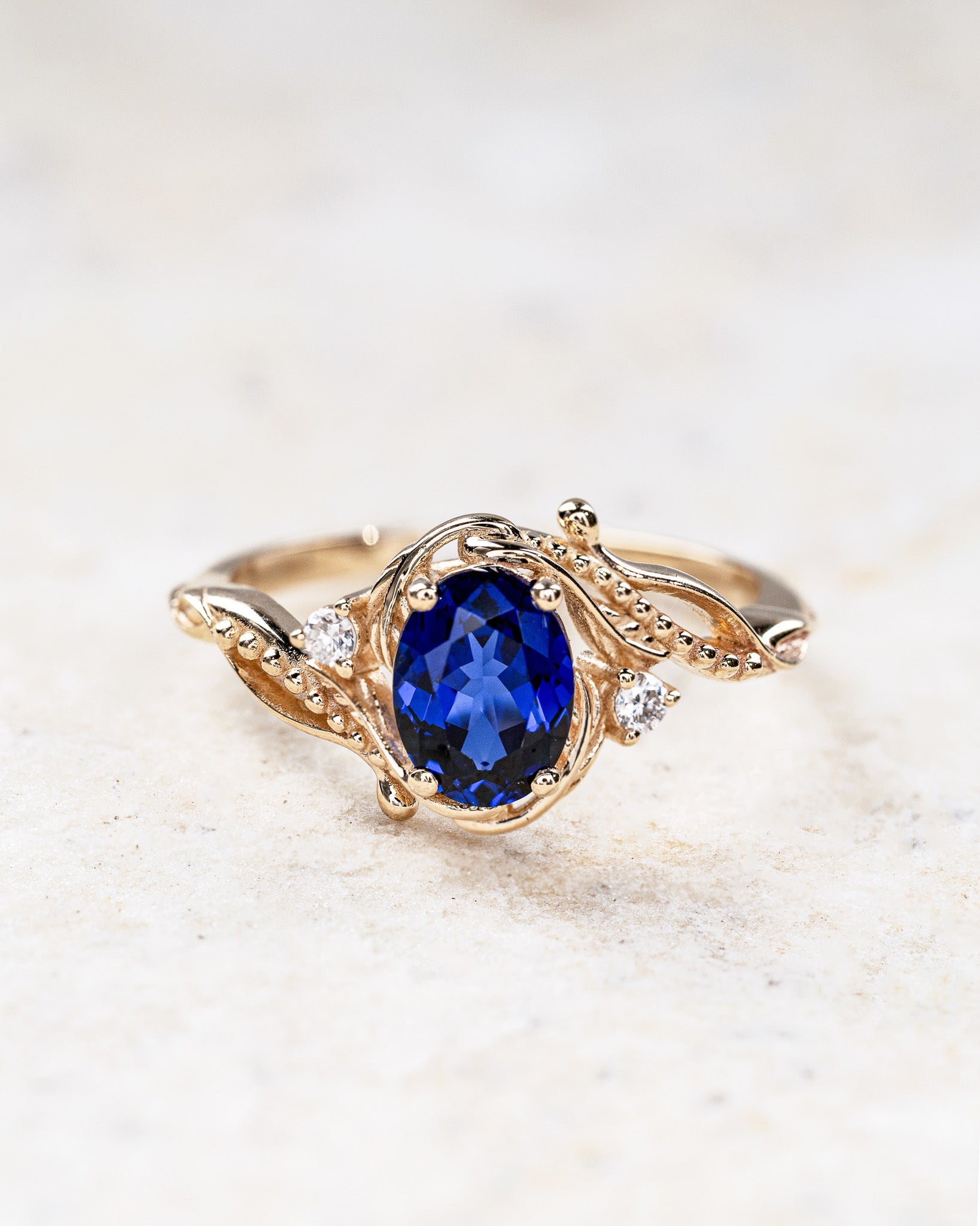 Lab-grown blue sapphire engagement ring with accent diamonds / Undina - Eden Garden Jewelry™