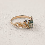 Moss agate engagement ring, gold oak leaves and diamonds proposal ring / Silviya - Eden Garden Jewelry™