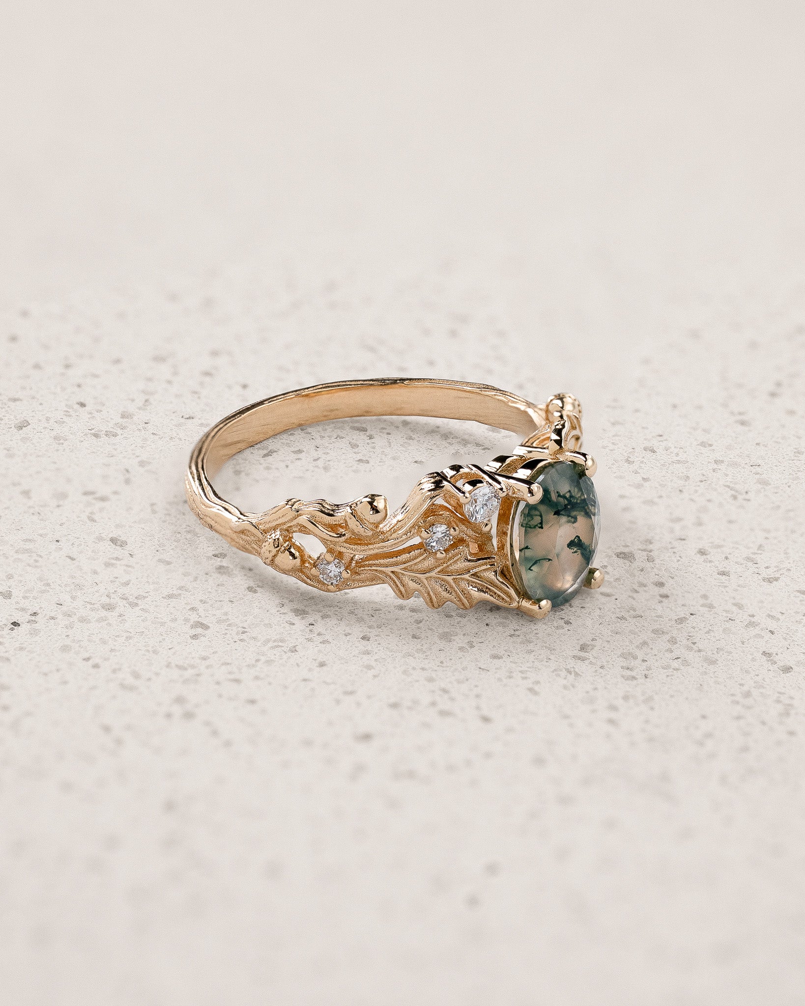Moss agate engagement ring, gold oak leaves and diamonds proposal ring / Silviya - Eden Garden Jewelry™