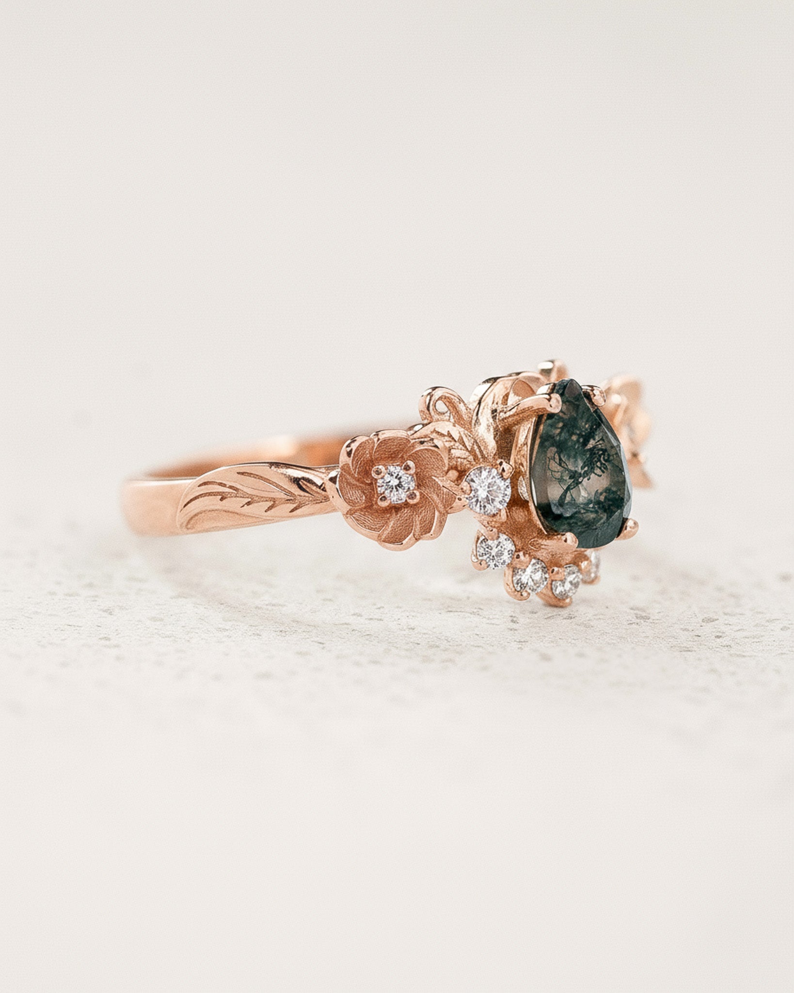Pear cut moss agate engagement ring with half-halo of diamonds / Adelina - Eden Garden Jewelry™