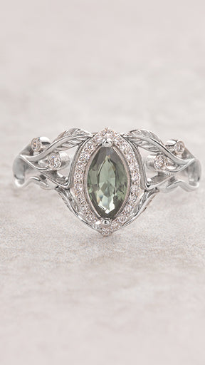 Marquise cut green sapphire engagement ring with diamond halo / Callisto - Eden Garden Jewelry™