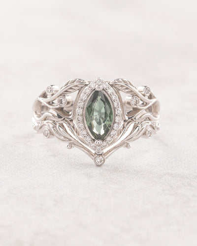 Natural green sapphire bridal ring set in art nouveau style / Callisto - Eden Garden Jewelry™