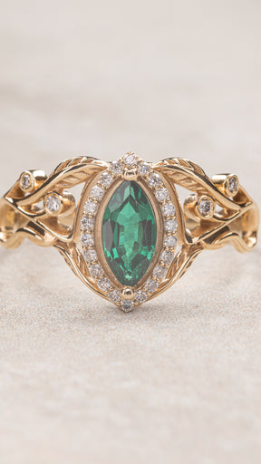 Marquise engagement ring with lab emerald and diamond halo / Callisto - Eden Garden Jewelry™